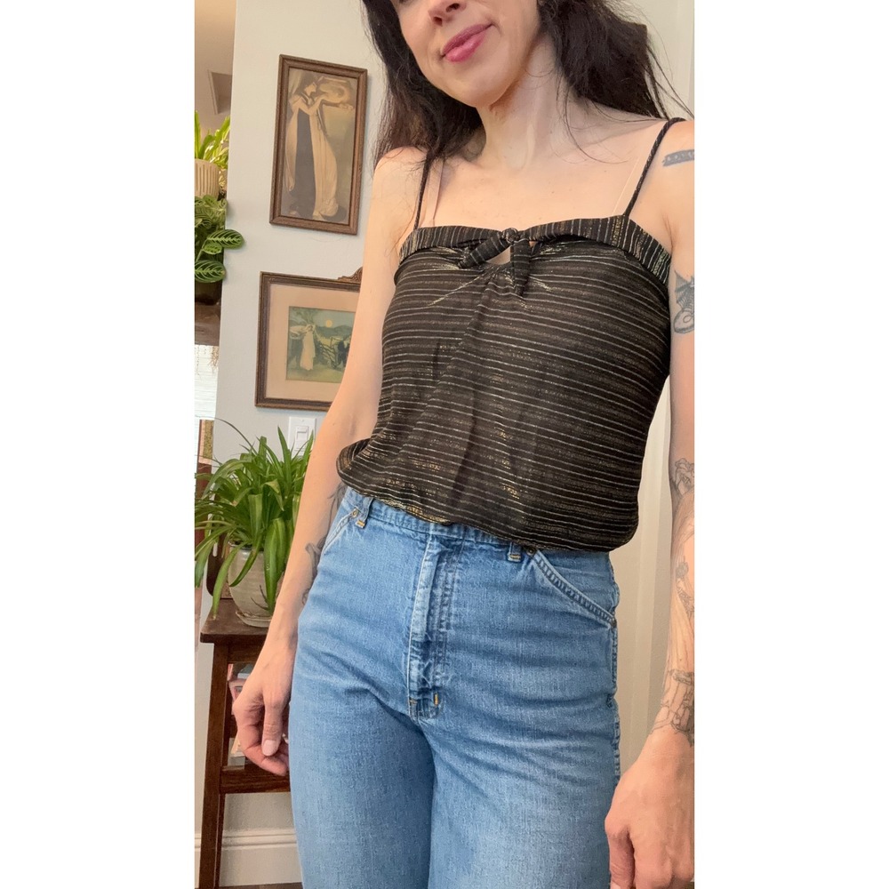 Vintage 70s Black Gold Metallic Pinstripe Camisole Cami Sauci California Top